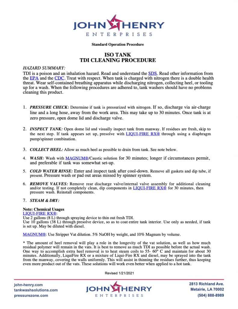 Cleaning Chemicals Standard Operating Procedures Tank Wash Solutions