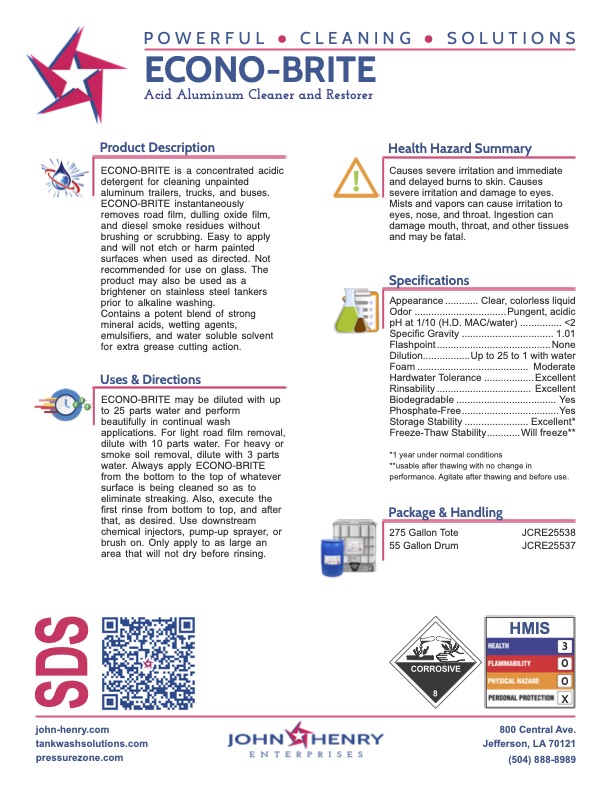 Product information sheet for Econo-Brite, an acid aluminum cleaner; includes description, safety summary, usage directions, specs, packaging details, SDS, and hazard warnings.